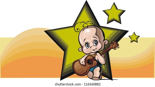 Vector illustration of a cute baby with a guitar.