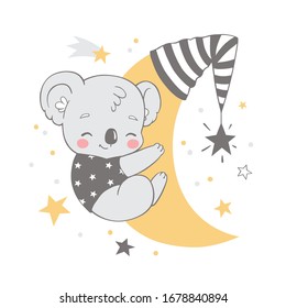 Vector illustration of a cute baby koala, sleeping on the moon among the stars.