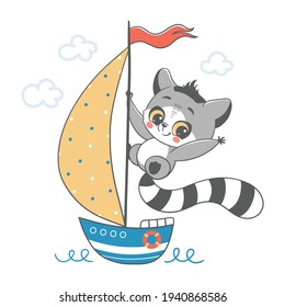 Vector illustration of a cute baby lemur, sailing on a ship.