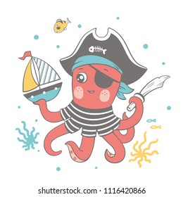 Imagen vectorial de un lindo pulpo bebé con traje de pirata jugando con un barco de juguete.