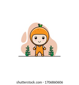 Vector illustration of cute baby with orange costume. Cute baby with fruit dress uniform.