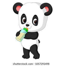 vector illustration of cute baby panda holding milk bottle