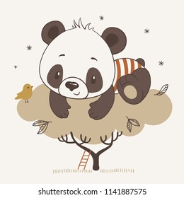 Vector Illustration Of A Cute Baby Panda On The Tree In Cartoon Style.