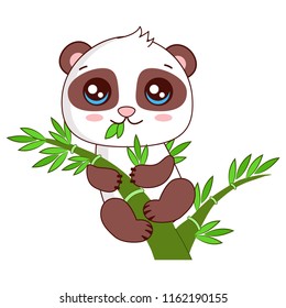 Vector Illustration Of Cute Baby Panda. Funny Baby Panda Hanging On The Bamboo. Cartoon Vector Illustration.