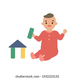 Vector illustration of cute baby playing building blocks. Isolated vector illustration in flat style. 