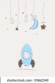 Vector illustration of cute baby rocket on a brown background
