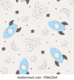 Ilustración vectorial de un cohete bebé lindo sobre un fondo marrón