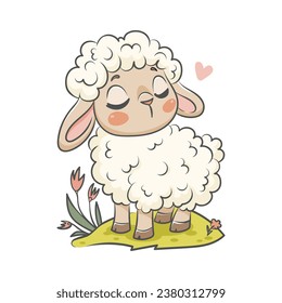 Vector illustration of a cute baby sheep standing on a lawn