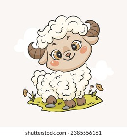 Vector illustration of a cute baby sheep standing on a lawn