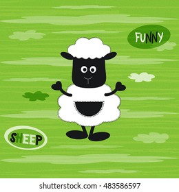 Vector illustration of a cute baby sheep on the green striped background with white clouds.
T-shirt design for kids.