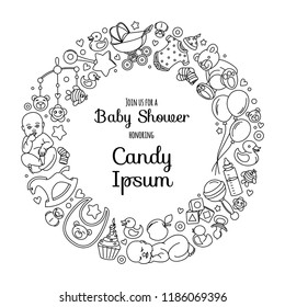 Vector illustration Cute baby shower invitation card for newborn boy girl, celebtation party invitation. Lovely background balloons, sleeping baby, stroller, teddy bear, baby clothes, toys. Line style