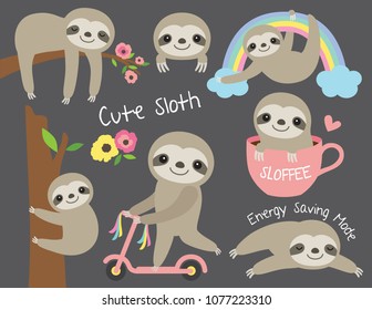 Vector illustration of cute baby sloth in various activities such as sleeping, riding bike, climbing and hanging from a tree.