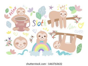 Vector illustration of cute baby sloth in various activities such as sleeping, holding a coffee cup, climbing and hanging from a tree, hugs a rainbow.