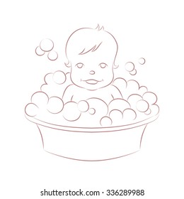 Vector illustration of cute baby taking a bath. Bathing baby vector illustration.Baby washing in a bath tube with soap bubbles. Washing baby illustration. Bathing baby contour for coloring.