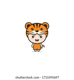 Vector illustration of a cute baby tiger costume, for printing baby clothes, baby showers. An isolated lion with a white background.