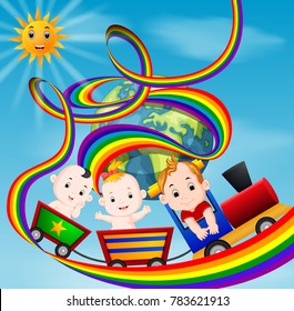 Vector illustration of Cute baby and train on the rainbow