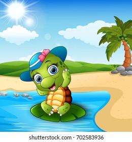 Vector illustration of Cute baby turtle on the beach
