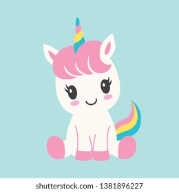 Vector illustration of a cute baby unicorn sitting down.