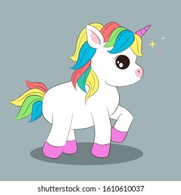 Vector illustration of cute baby unicorn for children design. Rainbow hair. Cute fantasy animal.