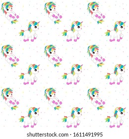Vector illustration of cute baby unicorn for children design. Rainbow hair. Cute fantasy animal. Seamles pattern.