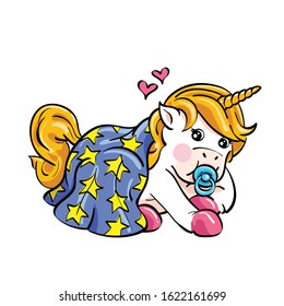 Vector illustration of cute baby unicorn with pacifier. Playing with star pattern blanket.