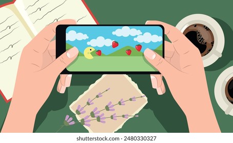 Vector illustration cute background with exciting smartphone game. Cartoon top view scene of hands holding a smartphone and playing a game, cups of coffee, notebook with notes, flower branches.