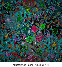 Vector illustration. Cute background. Green, blue and black on colors. Doodles pattern. It can be used on wallpaper, wrapping boxes, mug prints, baby apparels etc. Seamless pattern Nice fabric pattern
