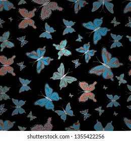 Vector illustration. Cute background for paper, design of fabric, wrappers and wallpaper. Fashion vector summer pattern with hand drawn butterflies. Seamless pattern.