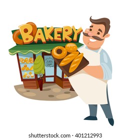 Vector illustration of a cute baker standing near a bakery. Bakery shop. Exterior design. 