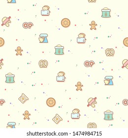 Vector illustration of a cute bakery and bread elements. Collection of toaster, Gingerbread Man, flour, pumpkin pie, pretzel and more. Isolated on beige. Colorful surface pattern.