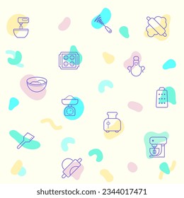 Ilustración vectorial de una herramienta de horneado linda. Colección de utensilios de cocina, equipamiento, delantal, utensilios de cocina, panadería, báscula, masa, alfiler, horno y otros elementos. Aislado en el beige.