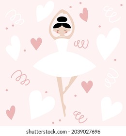 Vector illustration of cute ballerina girl with heart on pink background for cute postcard, logo, for the design of a children`s room, for invitations, greeting cards, business card