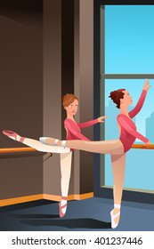 A vector illustration of cute ballerina girls practicing ballet dance in a studio