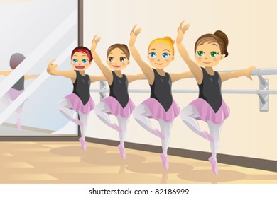 A vector illustration of cute ballerina girls practicing ballet dance