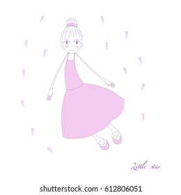 Vector illustration of a cute ballet dancer girl in a romantic tutu and pointe shoes, with hair in a bun, on a background with hearts and stars, in pastel colors. Design for children, postcard.