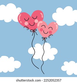 Ilustración vectorial de los bonitos globos en el cielo para el Día de San Valentín. Dos globos se están abrazando. Tarjeta dividida con globos