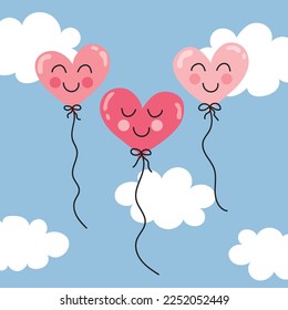 Vector illustration of cute balloons in the sky for Valentine's Day. Balloons in the sky. Cute balloons, hand drawn pattern