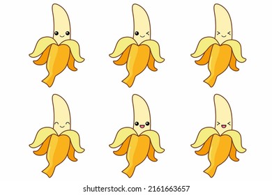 Vector illustration of cute banana cartoon character isolated on white background. Fruit cartoon set with kawaii smiling emoji.