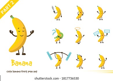 Vector illustration of cute banana fruit poses set. Isolated on white background.
