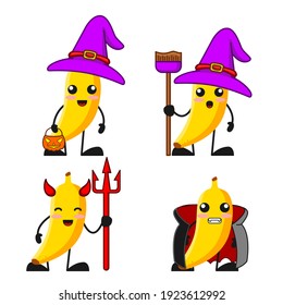 vector illustration of cute banana fruit halloween theme bundle set. cute banana fruit Concept White Isolated. Flat Cartoon Style Suitable for Landing Page, Banner, flyer, Sticker.