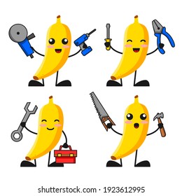 vector illustration of cute banana fruit service and repair theme bundle set. cute banana fruit Concept White Isolated. Flat Cartoon Style Suitable for Landing Page, Banner, flyer, Sticker.