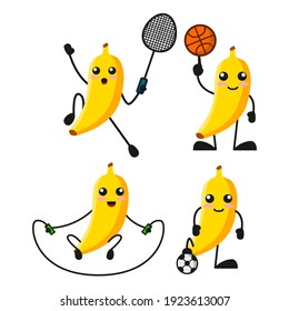 vector illustration of cute banana fruit sports theme bundle set. cute banana fruit Concept White Isolated. Flat Cartoon Style Suitable for Landing Page, Banner, flyer, Sticker.