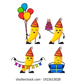 vector illustration of cute banana fruit happy birthday theme bundle set. cute banana fruit Concept White Isolated. Flat Cartoon Style Suitable for Landing Page, Banner, flyer, Sticker.