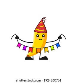 vector illustration of cute banana fruit birthday or character holding color ribbon. cute banana fruit Concept White Isolated. Flat Cartoon Style Suitable for Landing Page, Banner, Flyer, Sticker.