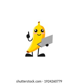 vector illustration of cute banana fruit business or character holding laptop. cute banana fruit Concept White Isolated. Flat Cartoon Style Suitable for Landing Page, Banner, Flyer, Sticker.