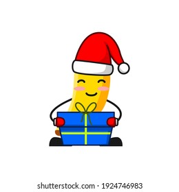 vector illustration of cute banana fruit christmas or character with gift box. cute banana fruit Concept White Isolated. Flat Cartoon Style Suitable for Landing Page, Banner, Flyer, Sticker.