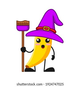vector illustration of cute banana fruit halloween or character witch broom. cute banana fruit Concept White Isolated. Flat Cartoon Style Suitable for Landing Page, Banner, Flyer, Sticker.