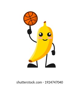 vector illustration of cute banana fruit sport or character play basket ball. cute banana fruit Concept White Isolated. Flat Cartoon Style Suitable for Landing Page, Banner, Flyer, Sticker.