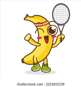 vector illustration of cute banana fruit sport or character play badminton. cute banana fruit Concept White Isolated.