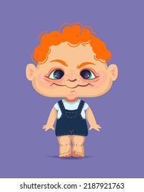 Vector Illustration of the cute barefoot red-haired boy preschooler with the freckles